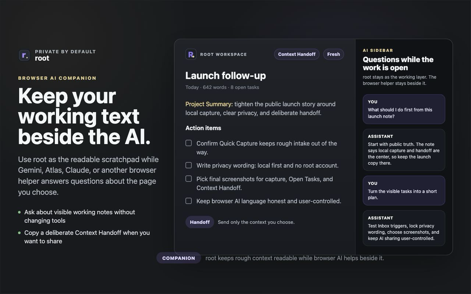Root Workspace beside a browser AI assistant, with working notes remaining visible in Root