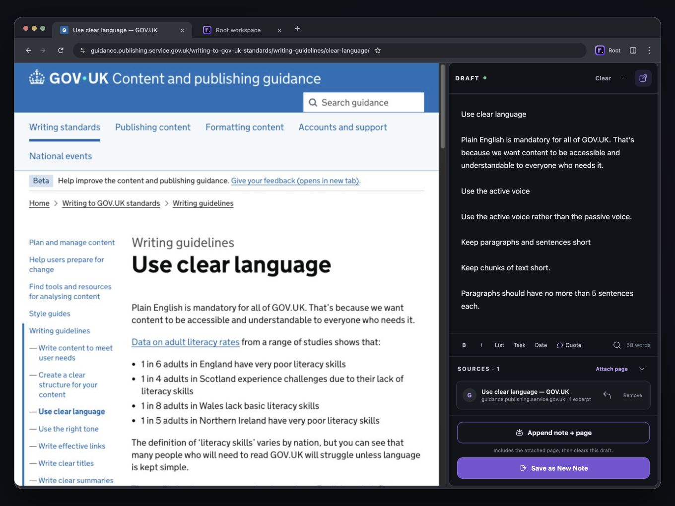 A GOV.UK article beside Root Draft containing real passages from that page and its source, shown in a browser presentation frame