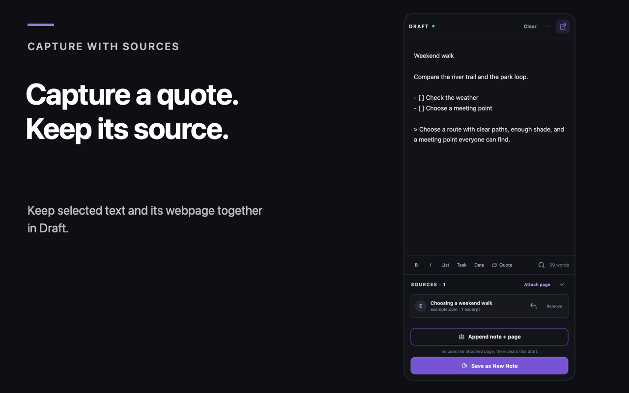 Root Chrome 0.1.32 Draft with a captured quote, its page source, and note destinations