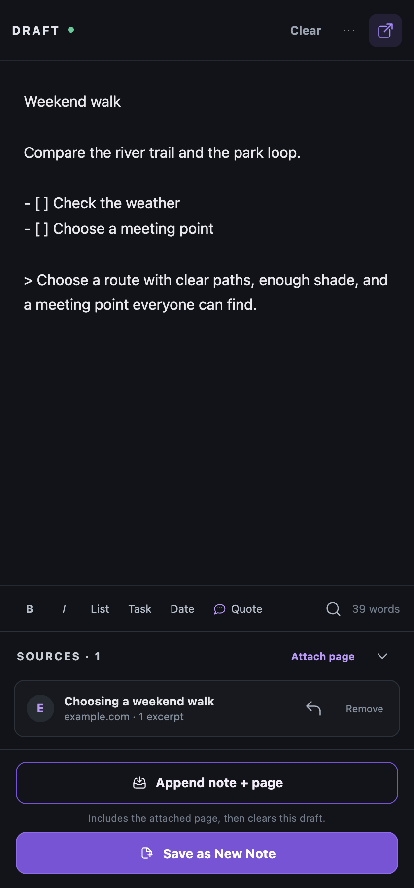Root Chrome 0.1.32 Draft with a captured quote, its page source, and note destinations
