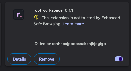 Chrome showing root workspace as the installed new-tab extension in the extensions page