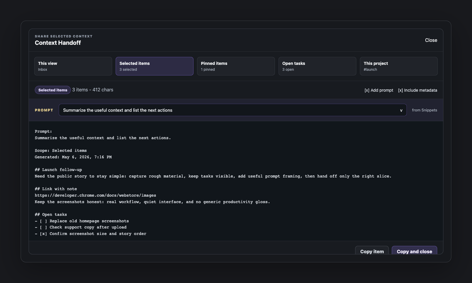 Root Context Handoff preview showing selected notes, metadata choices, and prompt framing