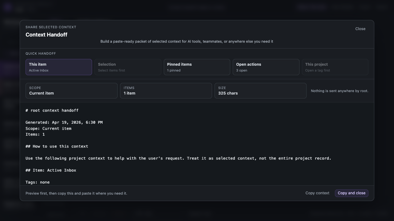 root context handoff modal showing scoped preview before copy