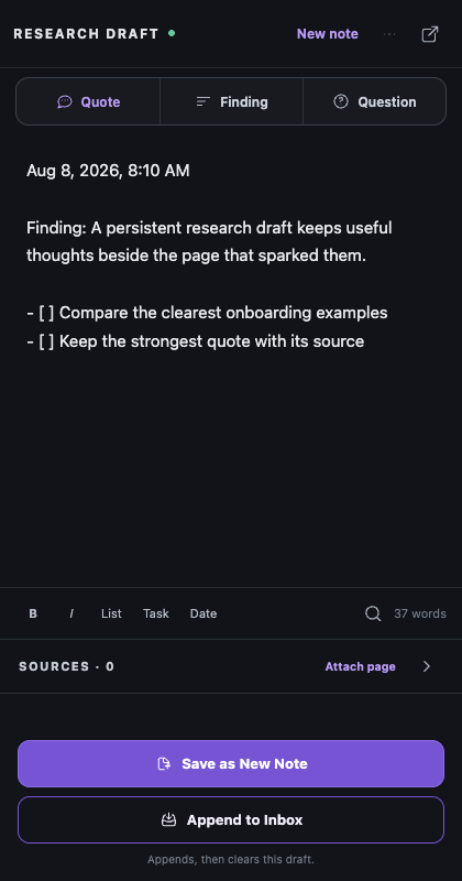 Root Research Draft side panel with writing shortcuts, sources, and note destinations