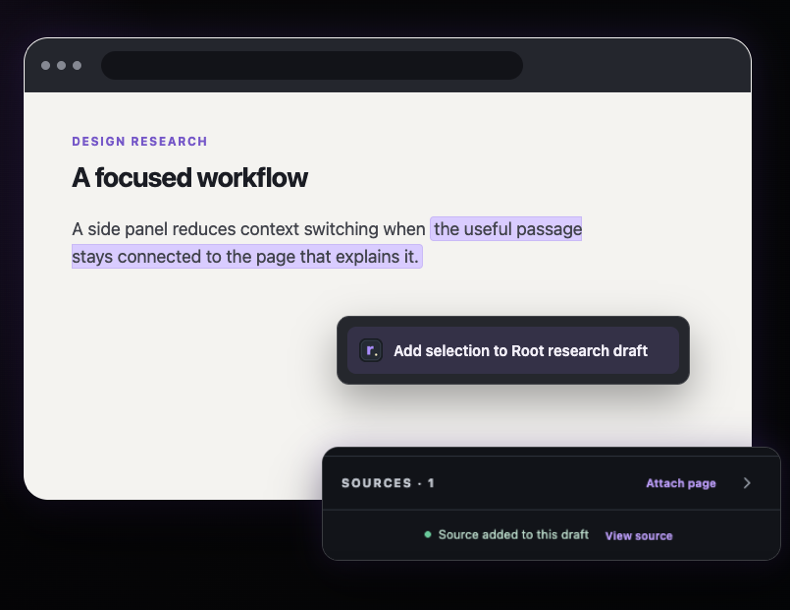 Selected webpage text being added to Root Research Draft with its source