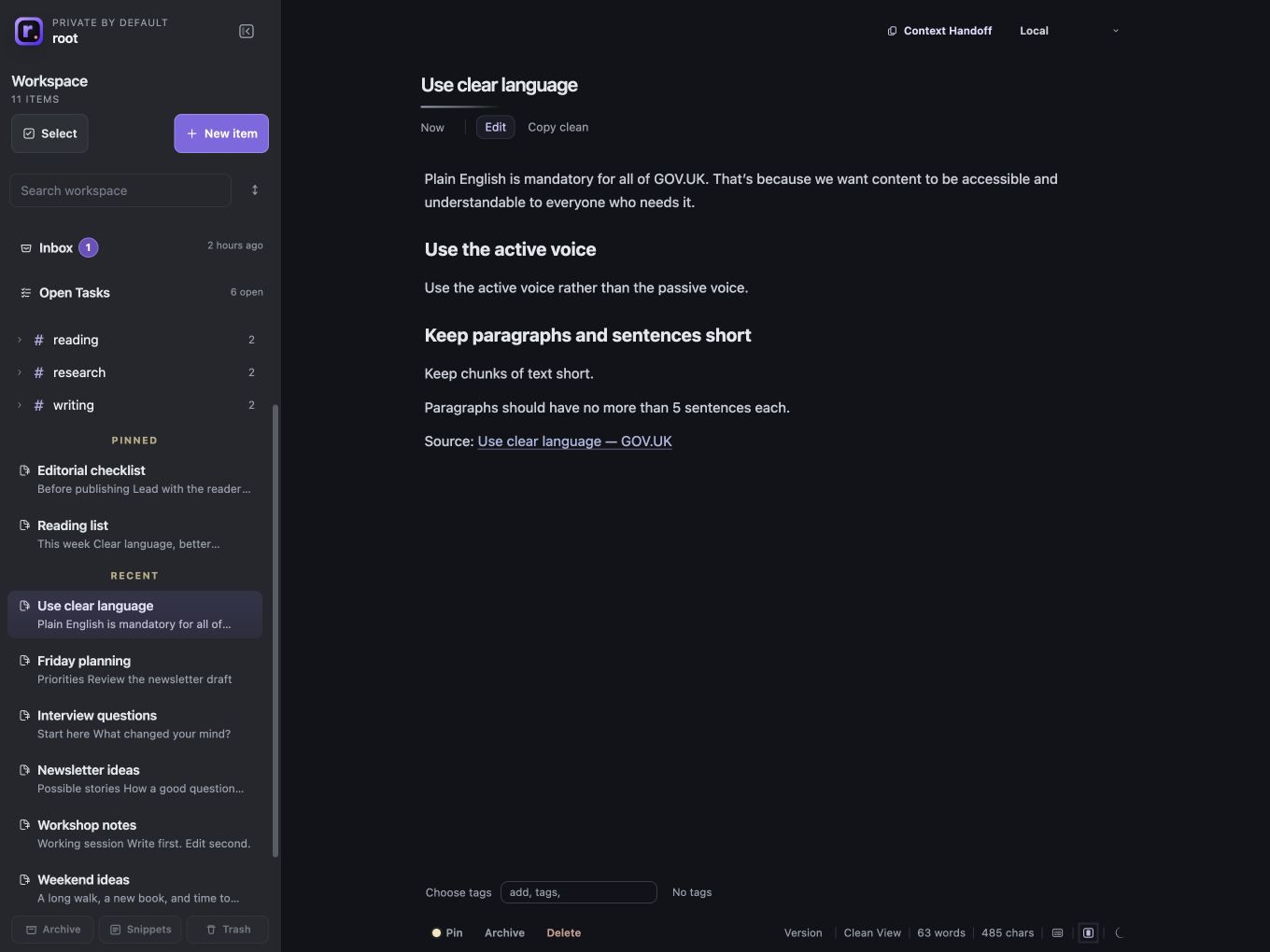 The same article note saved in Root Workspace Clean View, with its source and other demo notes in the sidebar