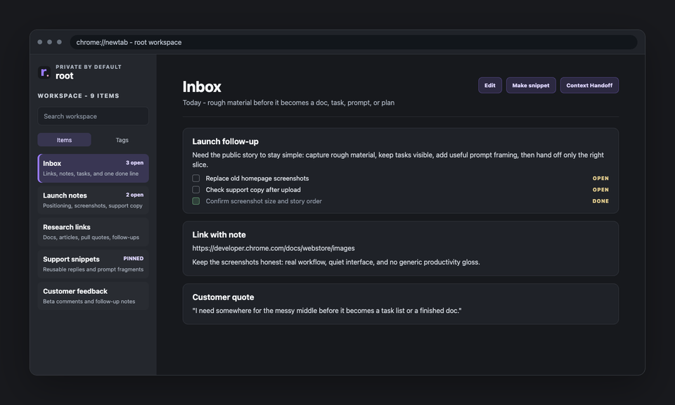Root Inbox with captured links, notes, open tasks, and a completed task