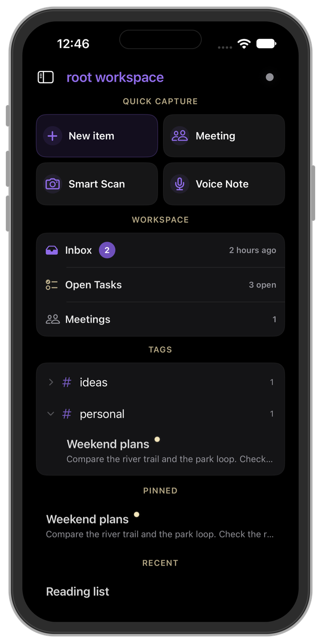 Root for iPhone 1.0.11 in dark mode, with Smart Scan, Voice Note, Inbox, Open Tasks, expandable tags, and fictional demo notes