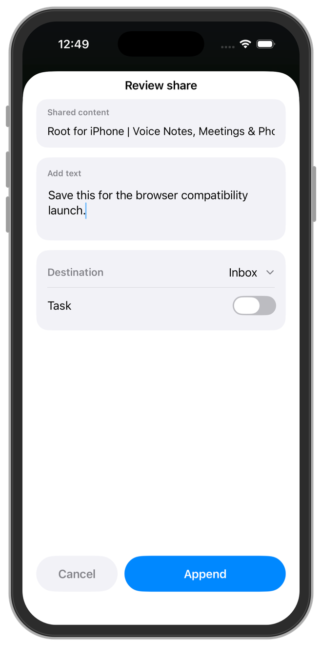 Root Share Sheet panel with a shared web page, an added note, and Inbox selected
