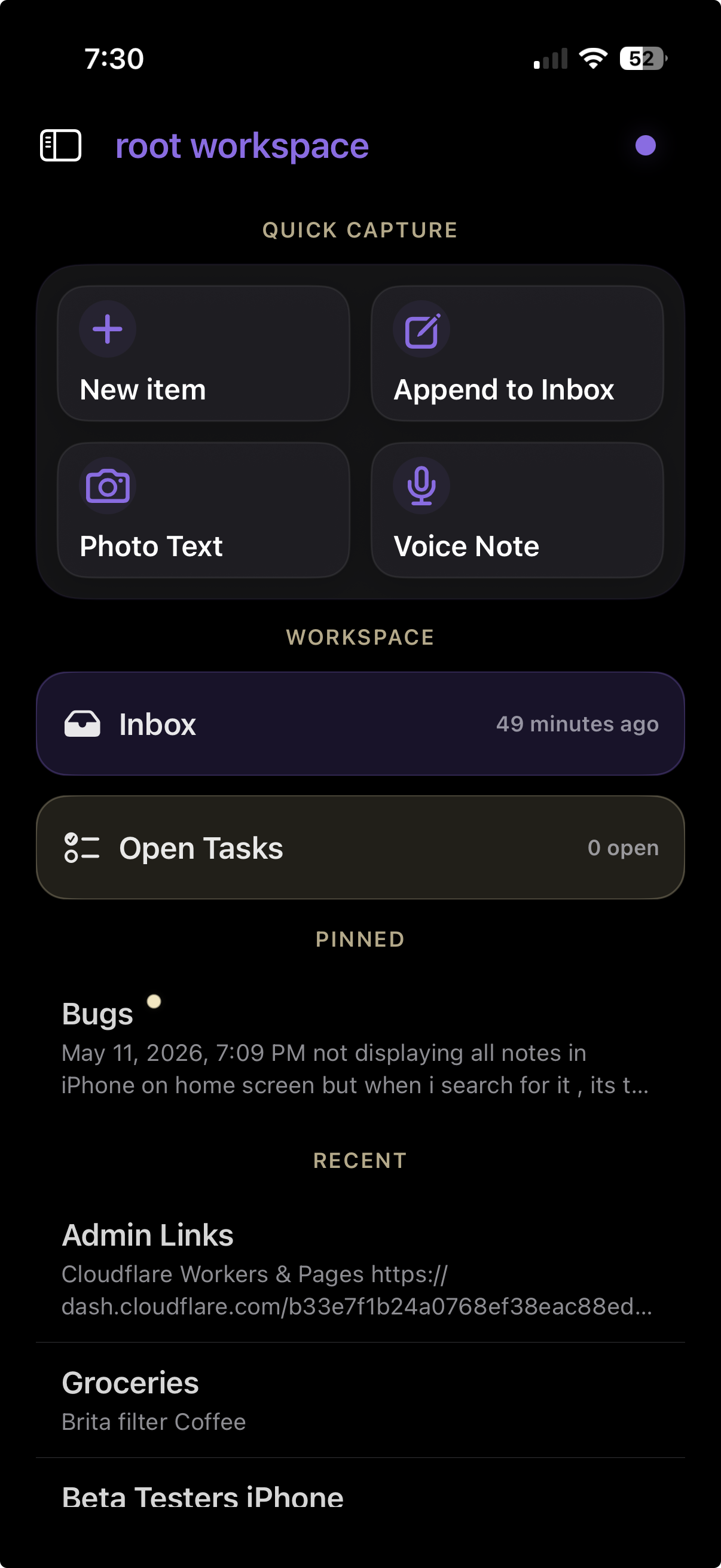 root workspace iPhone home screen with quick capture actions, Inbox, Open Tasks, pinned notes, and recent notes